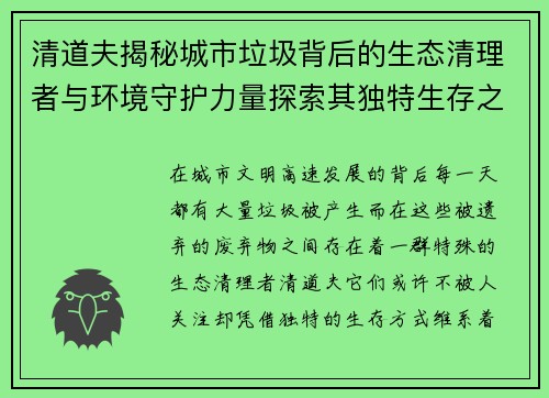 清道夫揭秘城市垃圾背后的生态清理者与环境守护力量探索其独特生存之道
